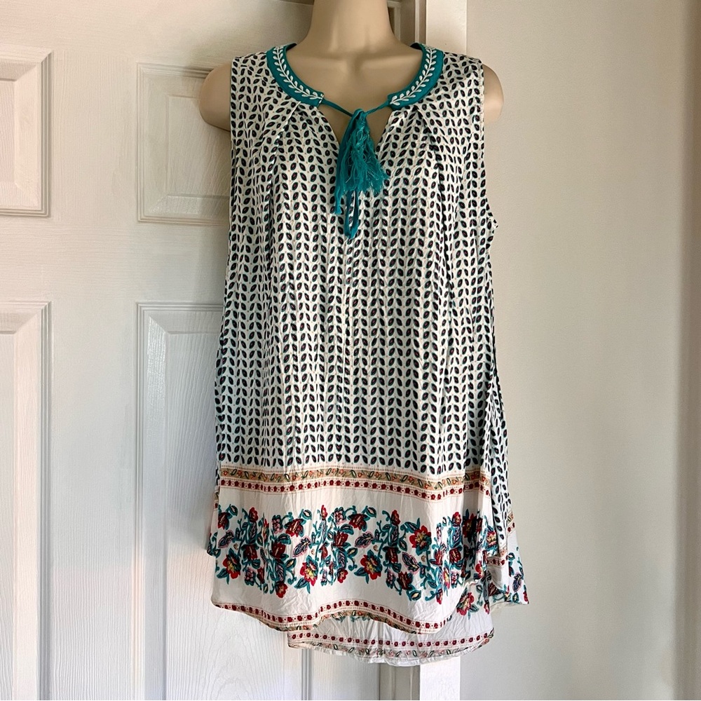 Umgee Cottage Chic White Turquoise Floral Tank Top Hi Low Hem Tie Front Tunic L